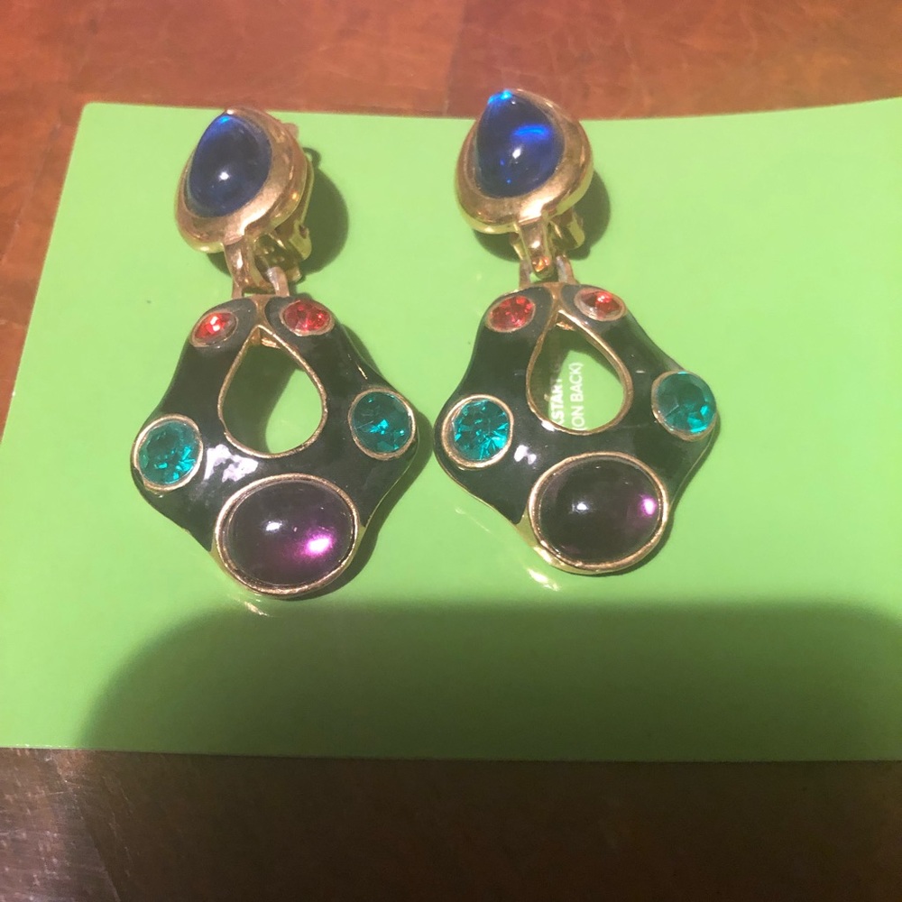 Jeweled Clip Earrings Vintage Colored Jewels WOW High End Designer Look
